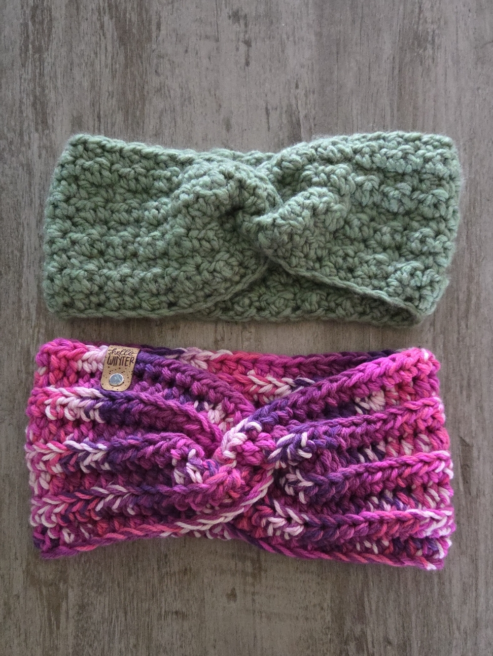 Hand Crichet Knit Headband Ear Warmer - Green & Pink Multi Set Of 2